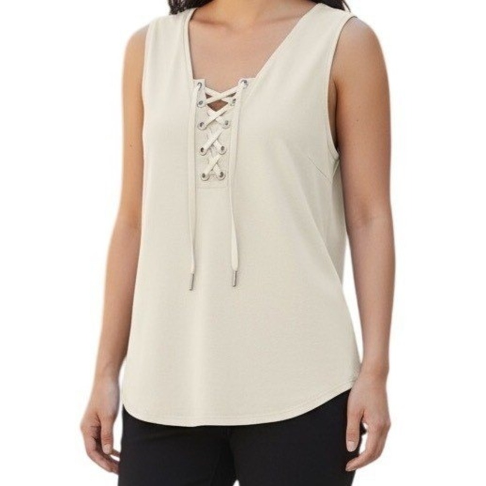 WHITE HOUSE BLACK MARKET Lace Up Ecru Off-White Sleeveless Top NWT $55 Small